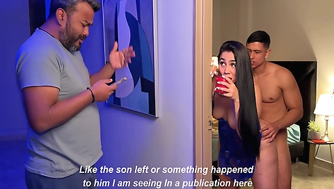 Brunette and chubby stepmom sharing bed with stepson