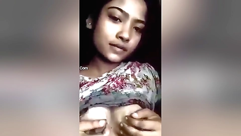 Indian blonde babe with small boobs plays with her boobs