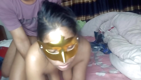 Indian brunette with small tits giving him a blowjob