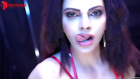 Slutty brunette red dragon in pink lingerie is playing solo