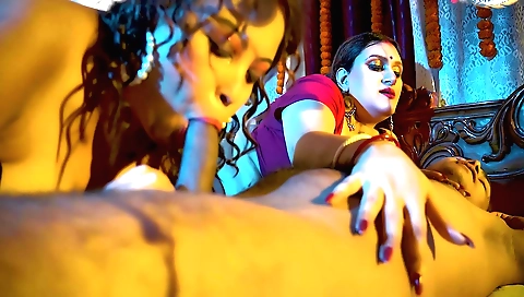 Horny brunette fucked by two gentlemen in a threesome