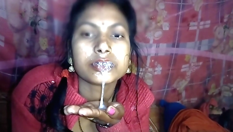 amateur brunette taking a deep throat cum from her lover