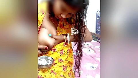 Indian brunette has her breasts firm after drinking