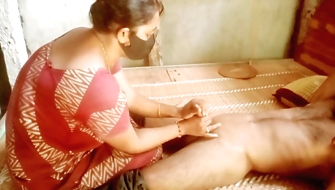 Brunette with a shaved pussy and sexy hands works on cock