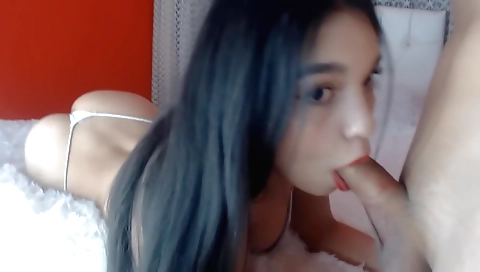 Amateur stepsister blowjob in her thong in the shower