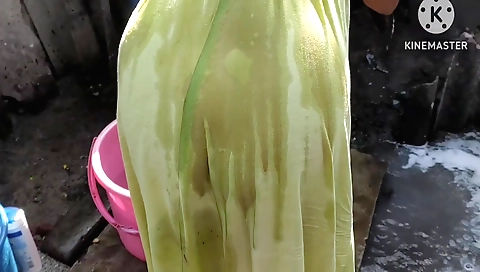 Hot brunette nude and outdoor bathing in sexy action