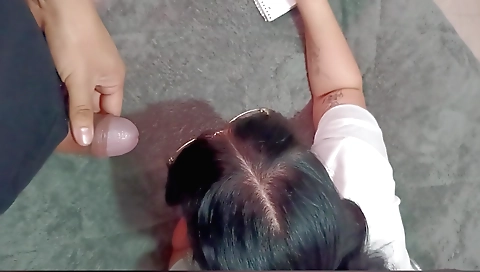 Brunette girl gives her boyfriend a great head for his homework